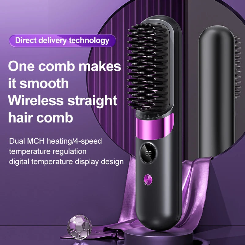 USB Charging Portable Hair Straightener Brush, Cordless Straightening Comb with LED Display & Ceramic Coating, Ionic Technology