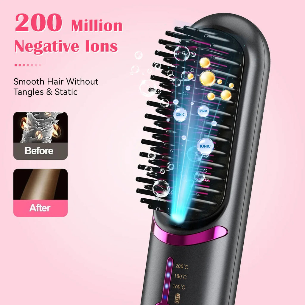 Rechargeable Wireless Hair Straightener Brush, 3 Temperature Settings Portable Hot Comb for Smooth Straight Hair