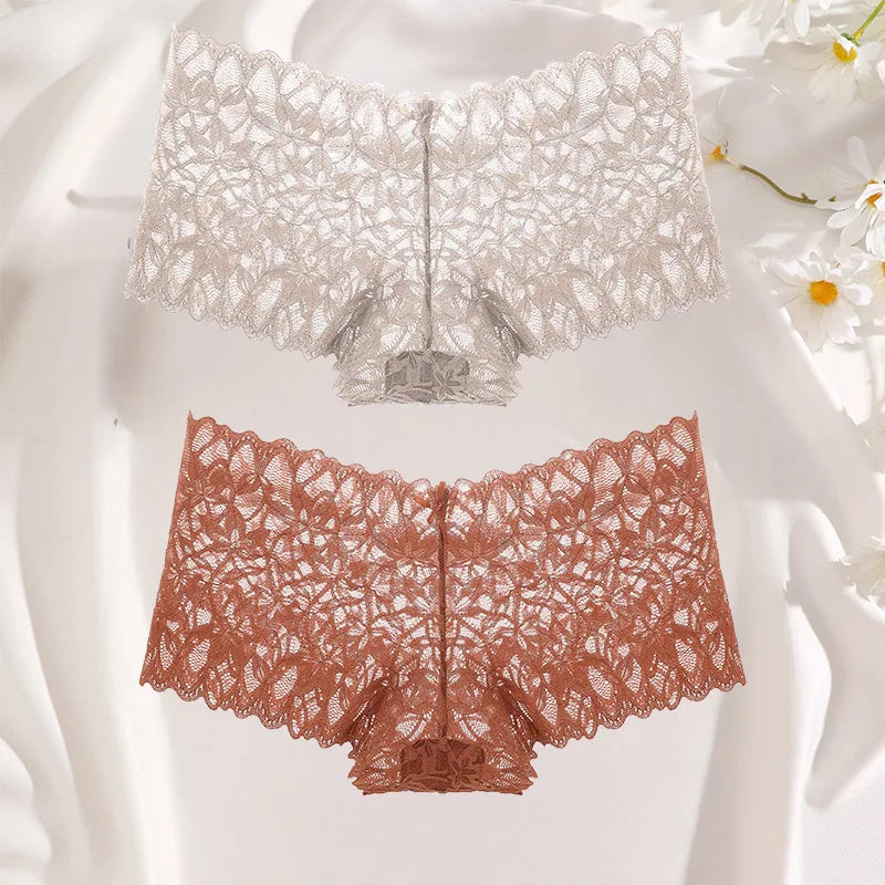 FINETOO 2Pcs Lace Four Shorts Women Low-Rise Panties Floral Underwear S-XL Girls Sexy Panties Ladies Lace Underpants Lingerie