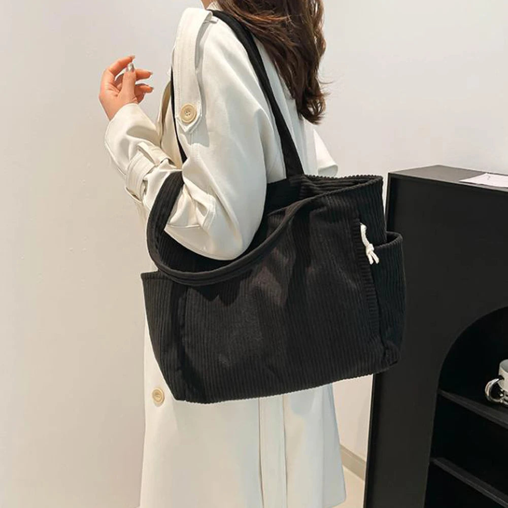 Women Corduroy All-Match Tote Bag Large Capacity Soft Underarm Bag Leisure Shoulder Bag Travel Shopping Work Handbag