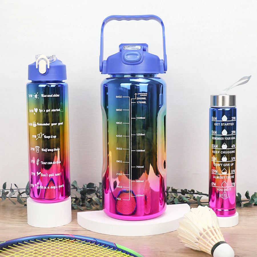 3 pcs of leak proof electroplated gradient sports water bottles with straws and time markers - Perfect for offices, schools,
