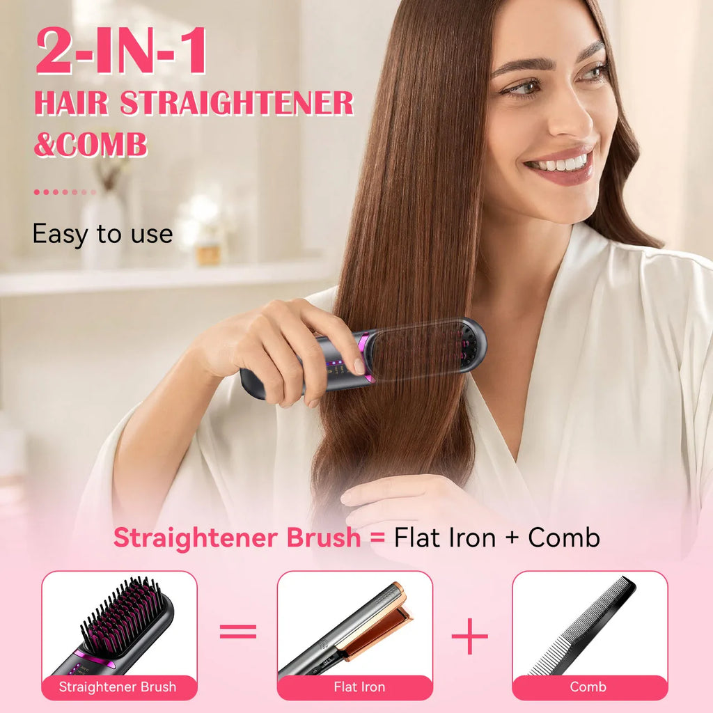 Rechargeable Wireless Hair Straightener Brush, 3 Temperature Settings Portable Hot Comb for Smooth Straight Hair