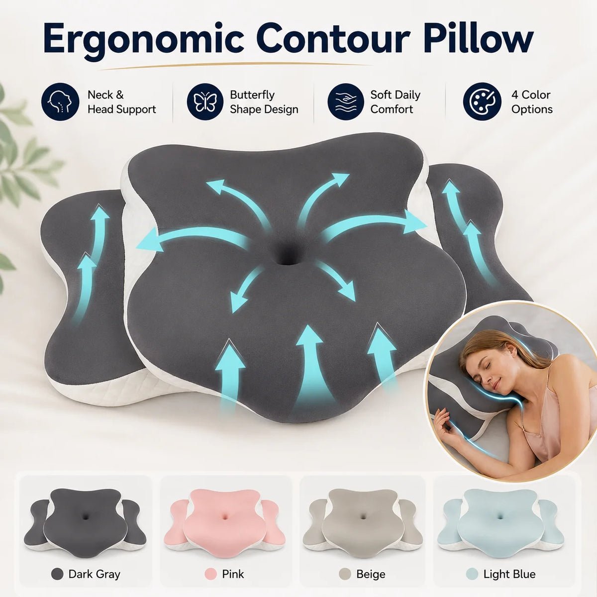 Memory Foam Neck Pillow Ergonomic Orthopedic Support for Side Back Stomach Sleepers Pain Relief Gift with Multi-Color Pillowcase