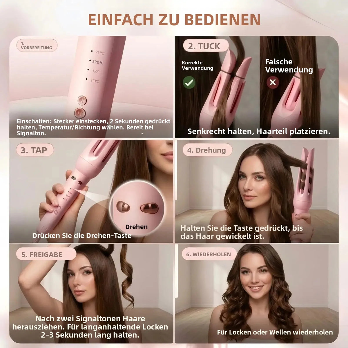 3 in 1 Automatic Hair Curler, Curling Wand with 32mm/36mm Ceramic Barrel, Hair Straightener Brush, 360° Rotating Curling Iron with 4 Temps Fast Heating for Hair Styling (Pink)
