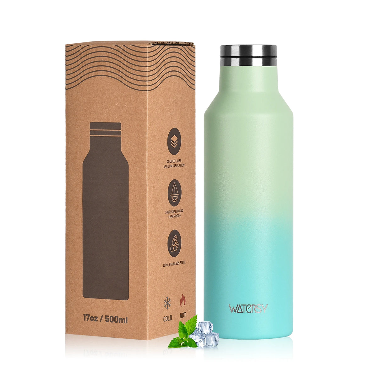 WATERSY 350/500ml Stainless Steel Thermal Cup Insulated Vacuum Flask Sports Water Bottle for Iced Coffee, Travel, Car & Gym