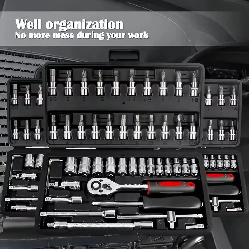 46-Piece Socket Set in Chrome Vanadium Steel with Ratchet, Extensions, and Portable Case for Auto and Home Repairs