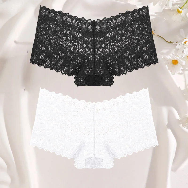 FINETOO 2Pcs Lace Four Shorts Women Low-Rise Panties Floral Underwear S-XL Girls Sexy Panties Ladies Lace Underpants Lingerie