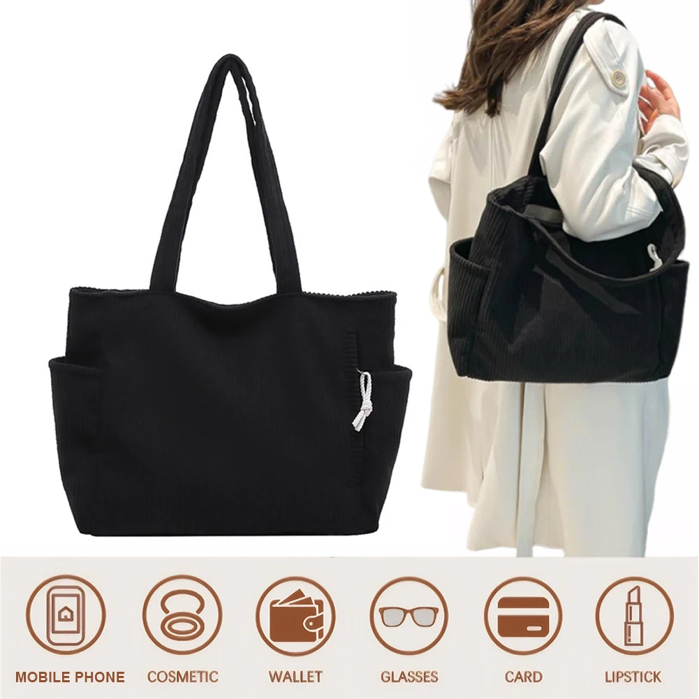 Women Corduroy All-Match Tote Bag Large Capacity Soft Underarm Bag Leisure Shoulder Bag Travel Shopping Work Handbag