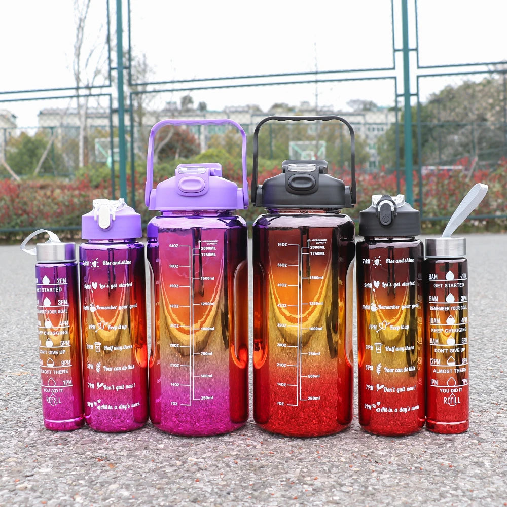 3 pcs of leak proof electroplated gradient sports water bottles with straws and time markers - Perfect for offices, schools,