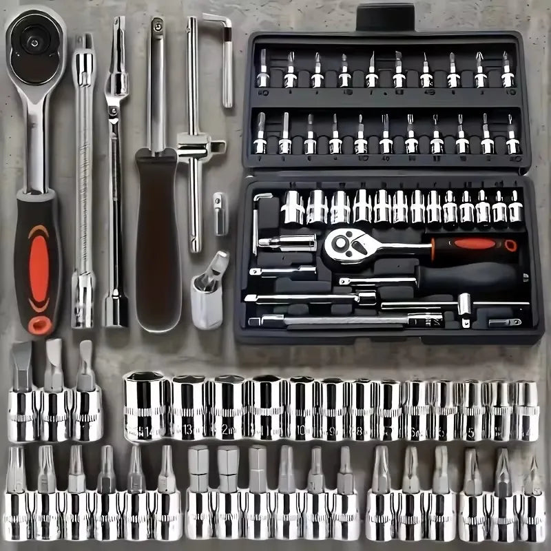 46-Piece Socket Set in Chrome Vanadium Steel with Ratchet, Extensions, and Portable Case for Auto and Home Repairs