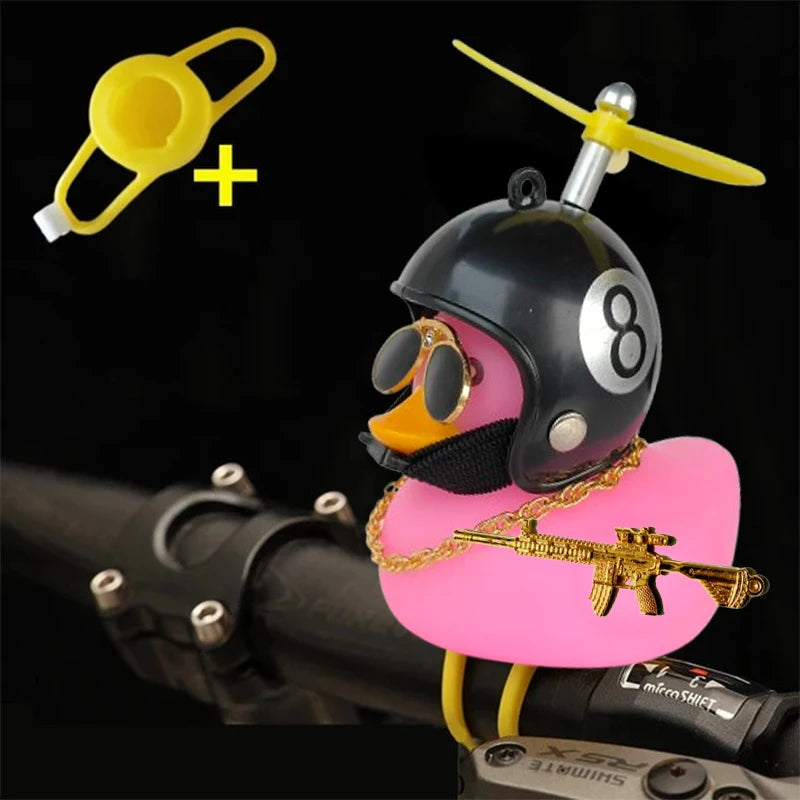 Rubber Duck Toy Car Ornaments Yellow Duck Car Dashboard Decorations Squeeze Duck Bicycle Horns With Gold Gun Propeller Helmet