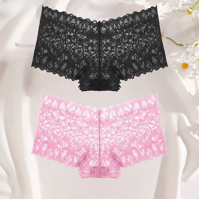 FINETOO 2Pcs Lace Four Shorts Women Low-Rise Panties Floral Underwear S-XL Girls Sexy Panties Ladies Lace Underpants Lingerie