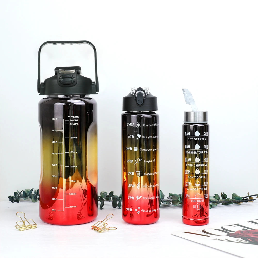 3 pcs of leak proof electroplated gradient sports water bottles with straws and time markers - Perfect for offices, schools,