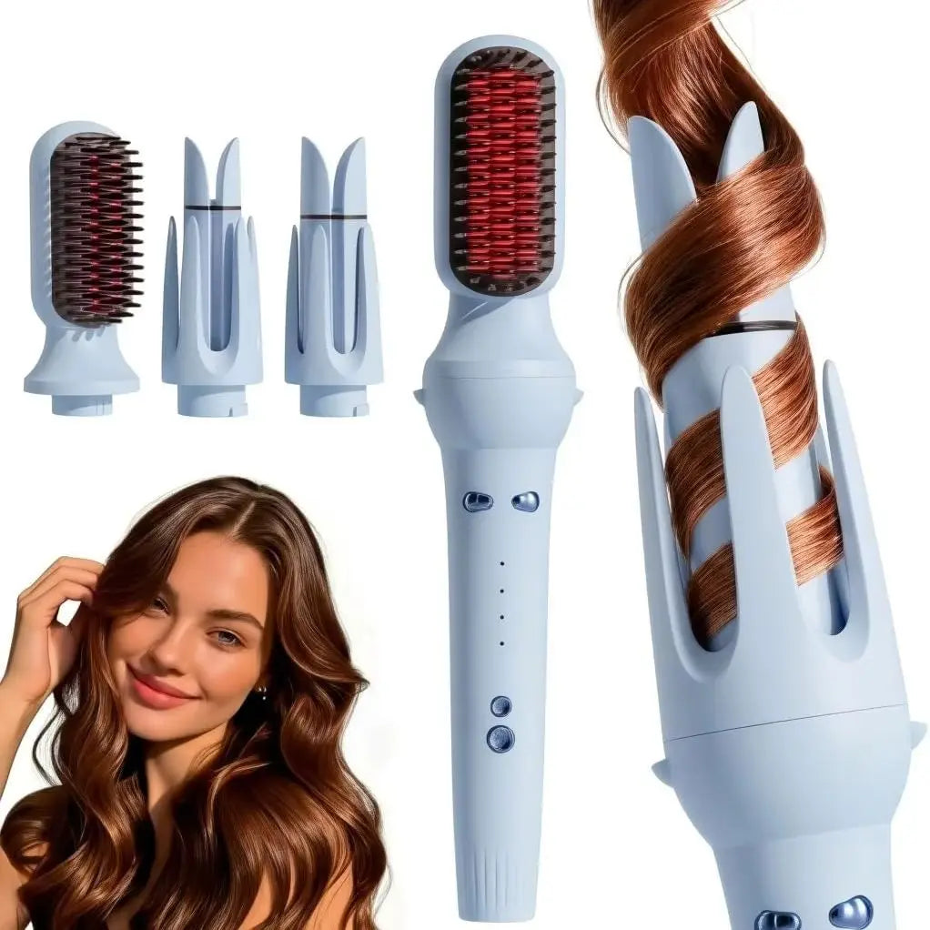 3 in 1 Automatic Hair Curler, Curling Wand with 32mm/36mm Ceramic Barrel, Hair Straightener Brush, 360° Rotating Curling Iron with 4 Temps Fast Heating for Hair Styling (Pink)