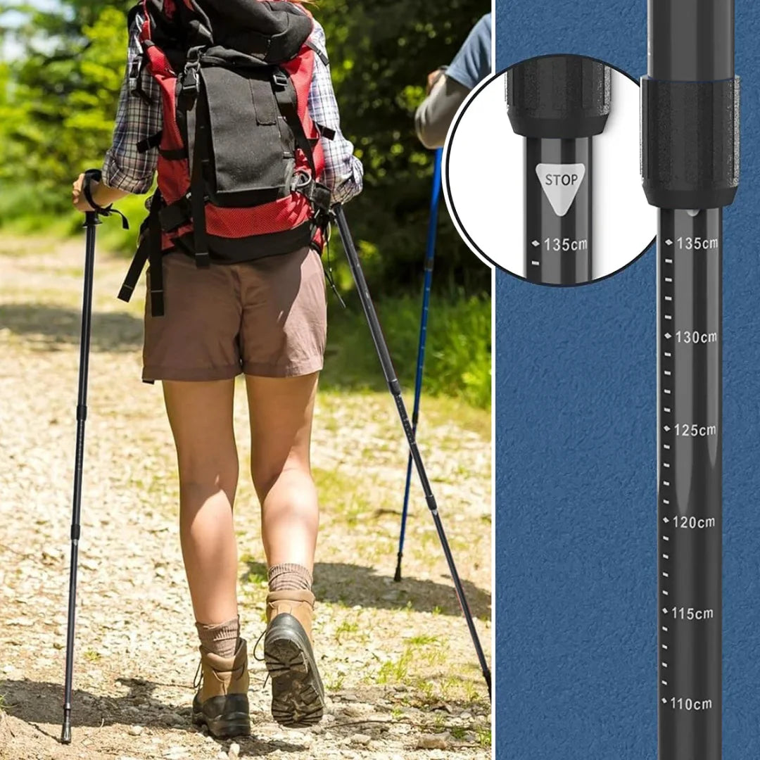 Trekking Poles Nordic Walking Anti Shock Adjustable Aluminium Hiking Sticks Set of 2, 3-Section Telescopic 65-135 cm, Built-In Compass, Rubber Anti-Slip Grips, Wrist Straps and Trekking Tips, Lightweight Walking Poles for Mou