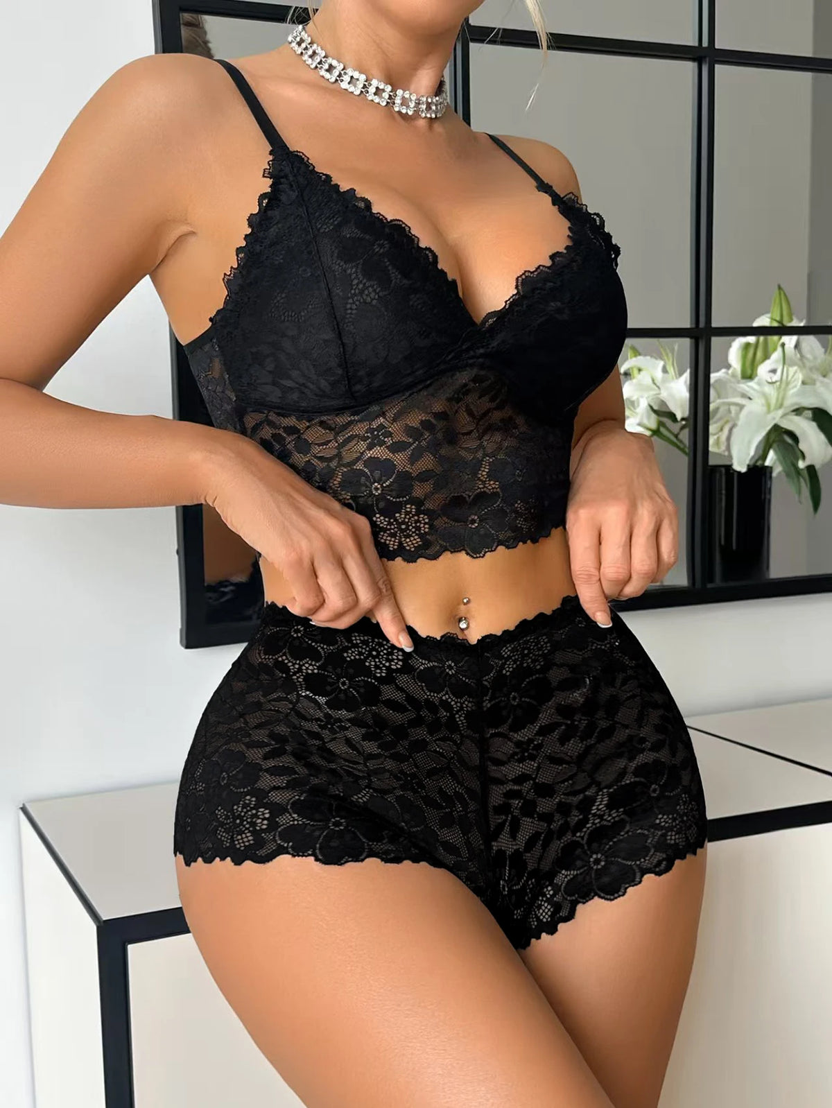 Women Floral Lace Lingerie Set Wireless Adjustable Straps Camisole Bra Breathable Sheer Sexy Underwear