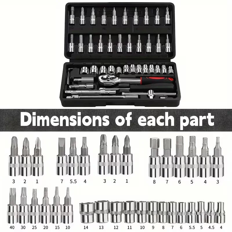46pcs Ratchet Wrench Set, Metric, Extension Bar, Suitable for Automotive, Bicycle Repair Household, Plated Structure, Pre-assembled, Manual, Including Storage Box, Tool Kit