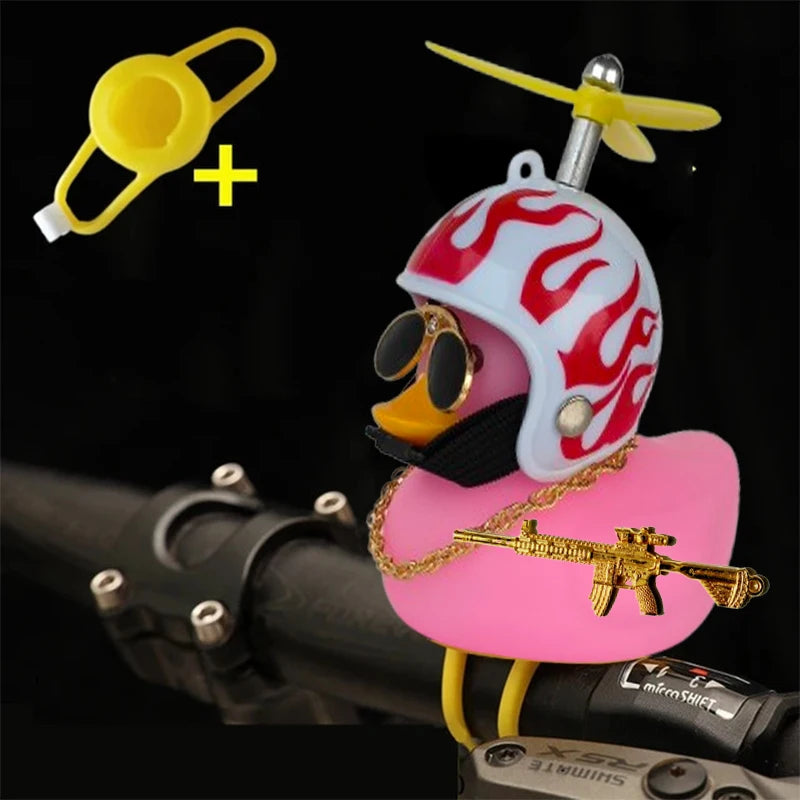 Rubber Duck Toy Car Ornaments Yellow Duck Car Dashboard Decorations Squeeze Duck Bicycle Horns With Gold Gun Propeller Helmet