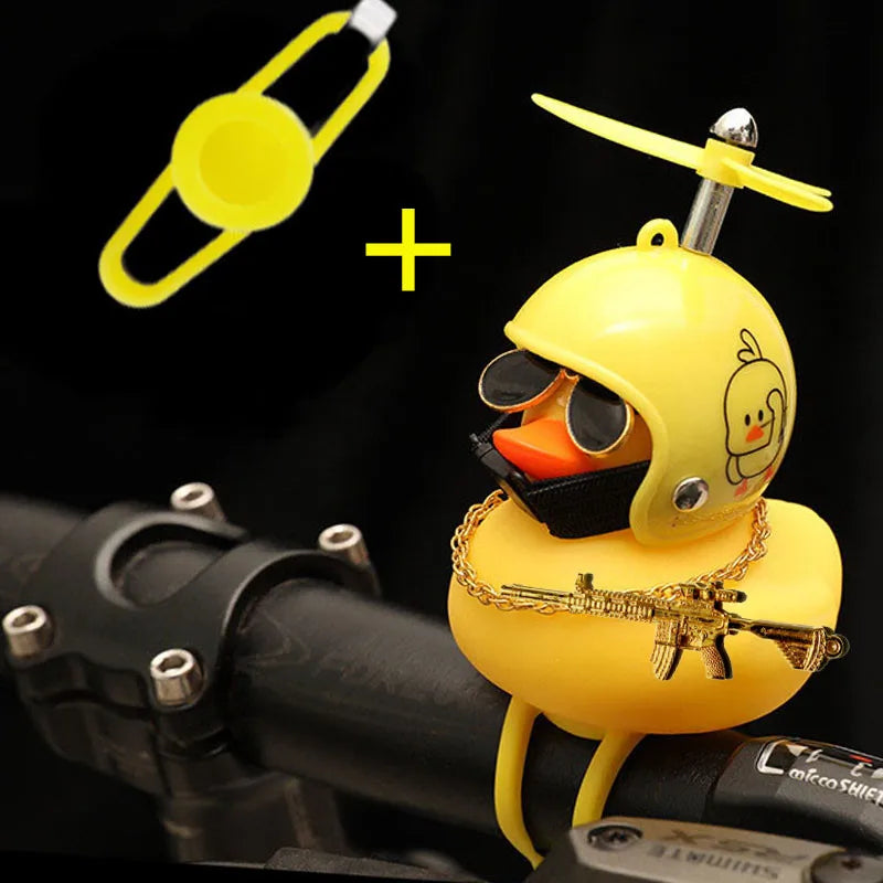 Rubber Duck Toy Car Ornaments Yellow Duck Car Dashboard Decorations Squeeze Duck Bicycle Horns With Gold Gun Propeller Helmet