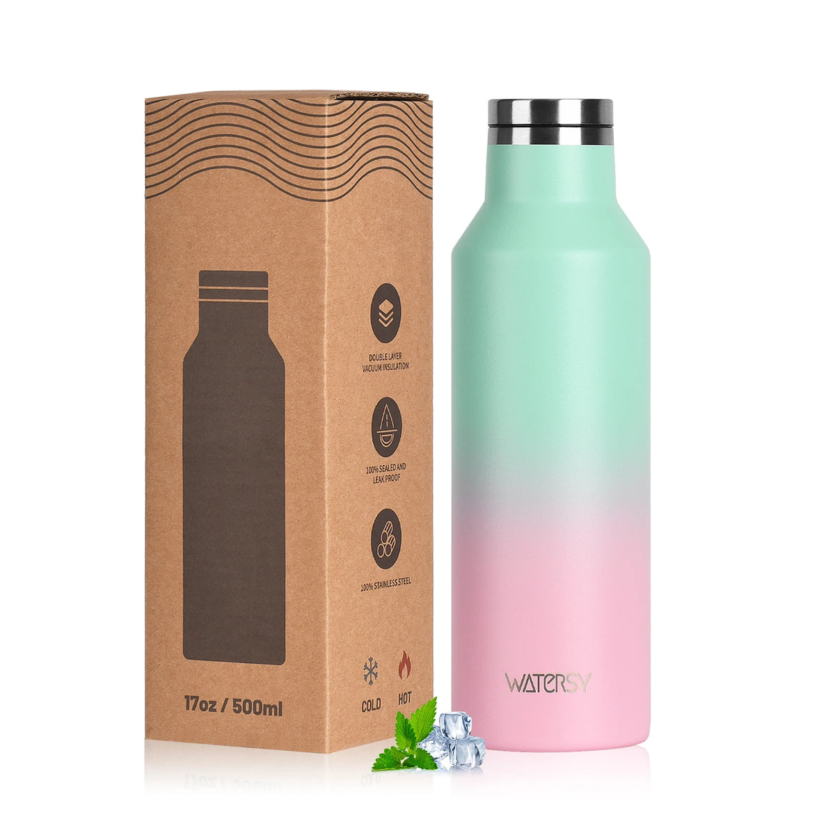 WATERSY 350/500ml Stainless Steel Thermal Cup Insulated Vacuum Flask Sports Water Bottle for Iced Coffee, Travel, Car & Gym