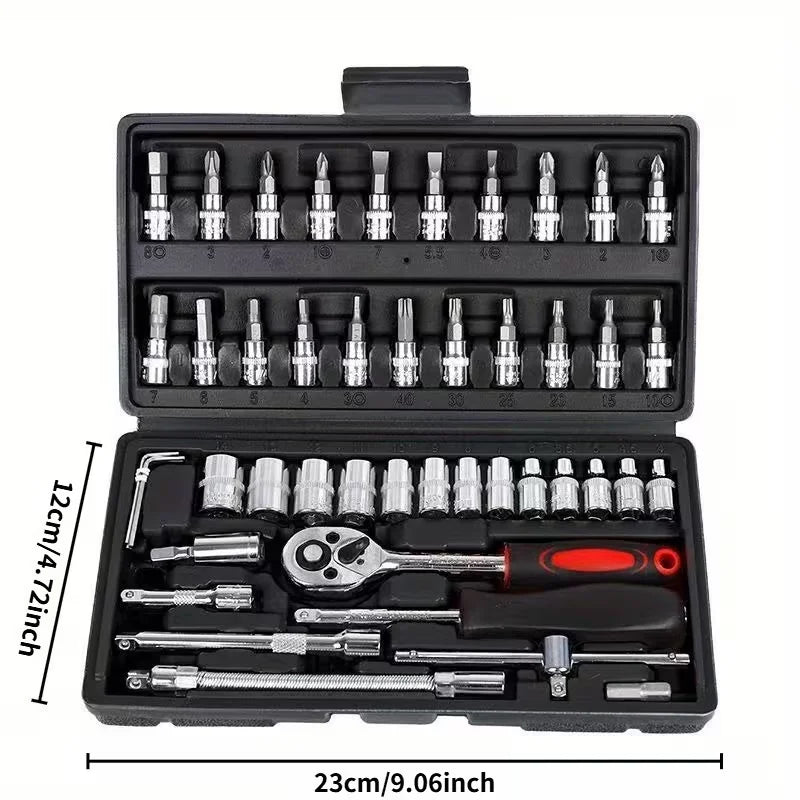 46pcs Ratchet Wrench Set, Metric, Extension Bar, Suitable for Automotive, Bicycle Repair Household, Plated Structure, Pre-assembled, Manual, Including Storage Box, Tool Kit