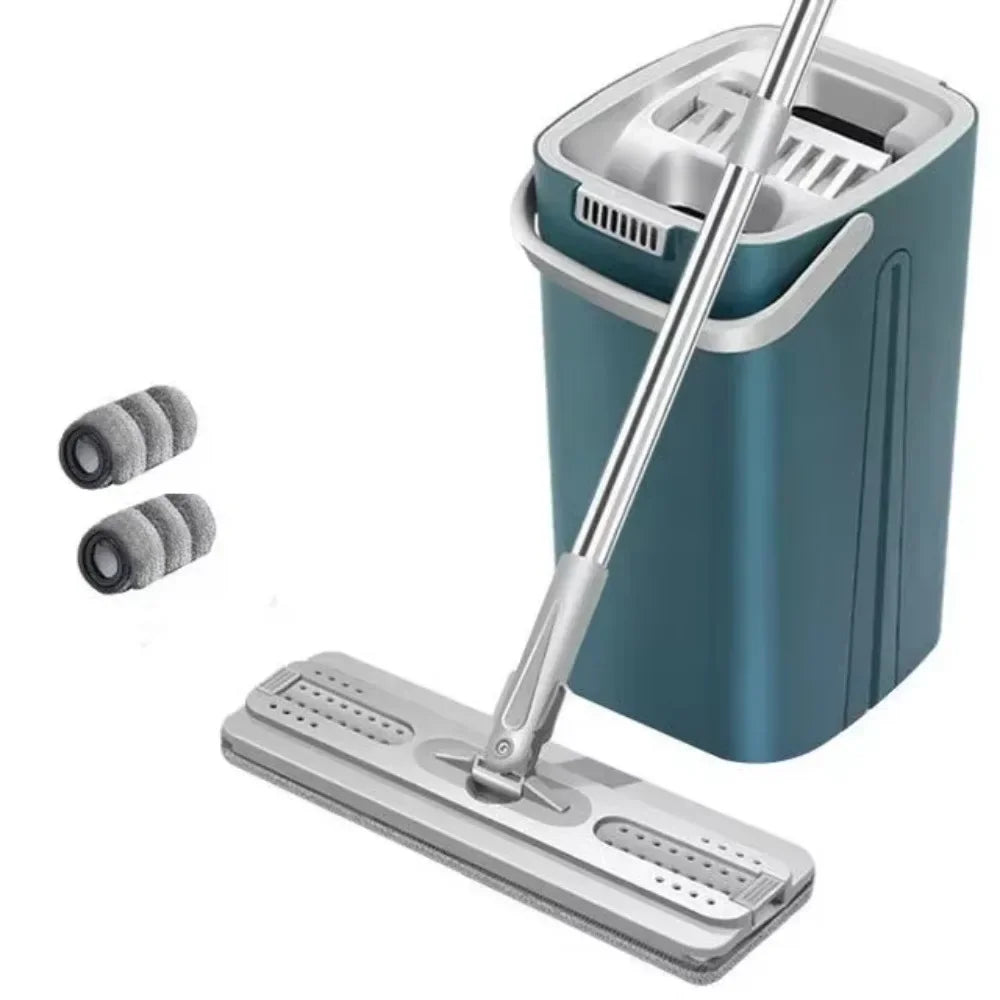 Hand Free Flat Floor Mop and Bucket Set Indoor Kitchen Cleaning Tool Microfiber Scraper Universal Adjustable Wet Dry Application