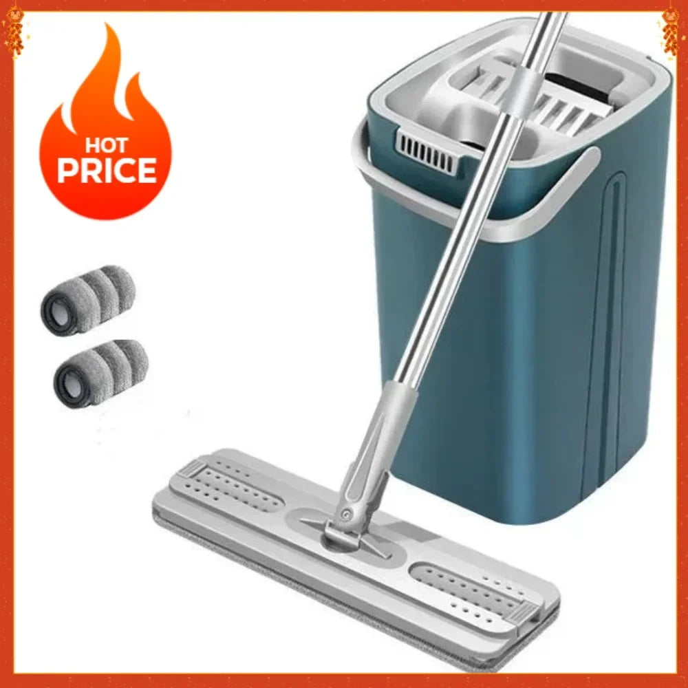 Hand Free Flat Floor Mop and Bucket Set Indoor Kitchen Cleaning Tool Microfiber Scraper Universal Adjustable Wet Dry Application
