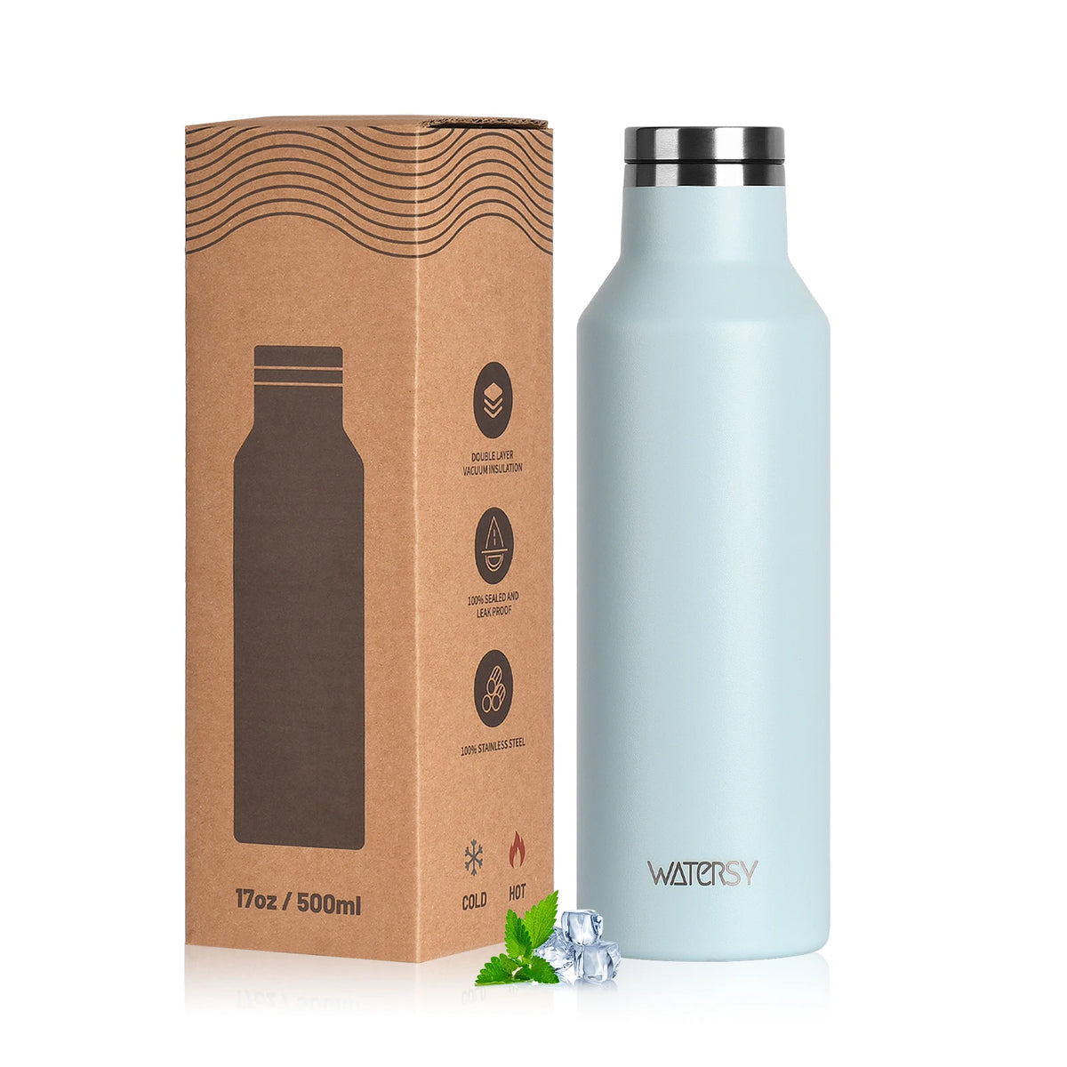 WATERSY 350/500ml Stainless Steel Thermal Cup Insulated Vacuum Flask Sports Water Bottle for Iced Coffee, Travel, Car & Gym