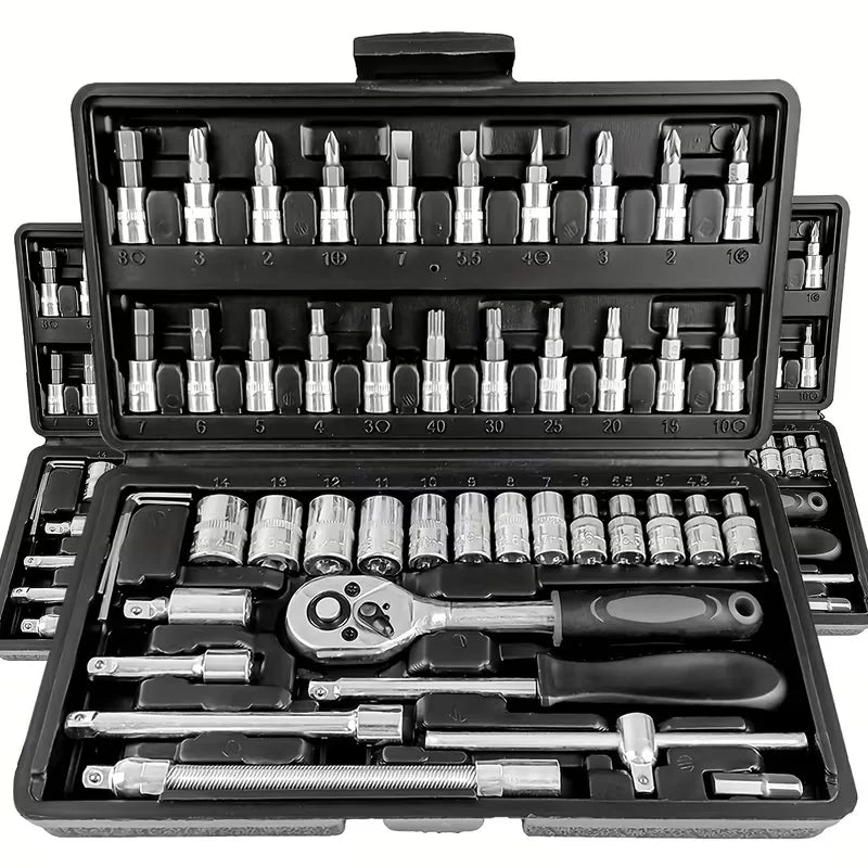 46pcs Ratchet Wrench Set, Metric, Extension Bar, Suitable for Automotive, Bicycle Repair Household, Plated Structure, Pre-assembled, Manual, Including Storage Box, Tool Kit