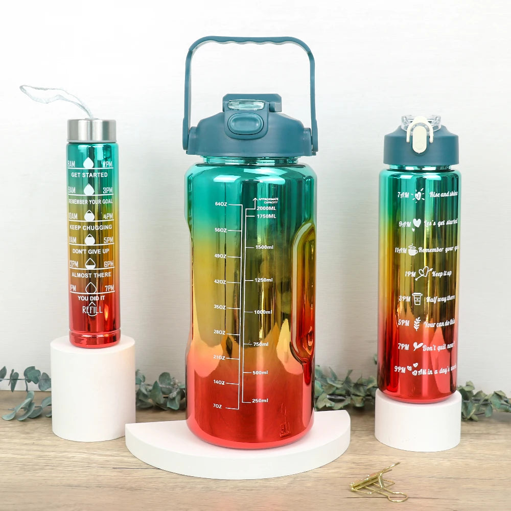 3 pcs of leak proof electroplated gradient sports water bottles with straws and time markers - Perfect for offices, schools,