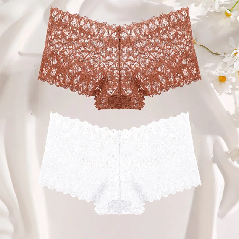 FINETOO 2Pcs Lace Four Shorts Women Low-Rise Panties Floral Underwear S-XL Girls Sexy Panties Ladies Lace Underpants Lingerie