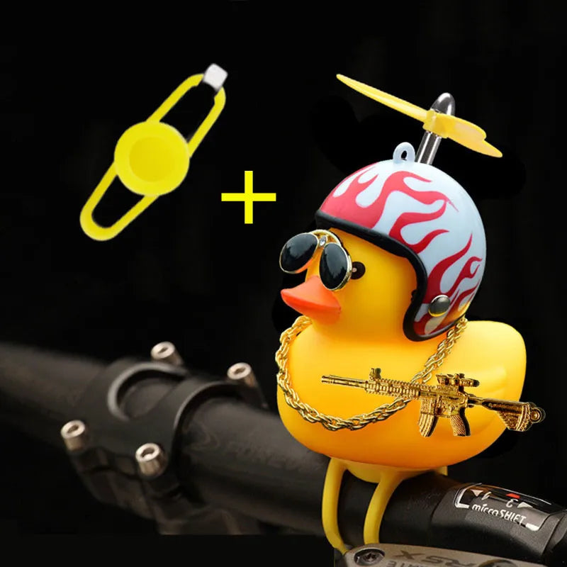 Rubber Duck Toy Car Ornaments Yellow Duck Car Dashboard Decorations Squeeze Duck Bicycle Horns With Gold Gun Propeller Helmet