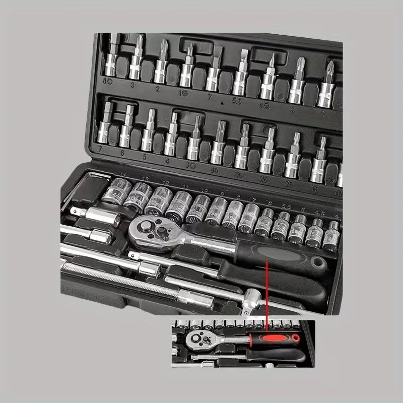 46pcs Ratchet Wrench Set, Metric, Extension Bar, Suitable for Automotive, Bicycle Repair Household, Plated Structure, Pre-assembled, Manual, Including Storage Box, Tool Kit