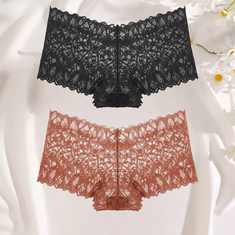 FINETOO 2Pcs Lace Four Shorts Women Low-Rise Panties Floral Underwear S-XL Girls Sexy Panties Ladies Lace Underpants Lingerie