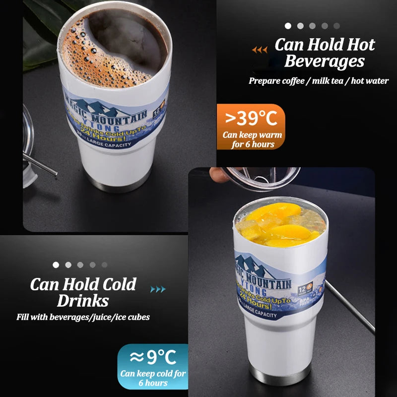 Magic Stainless Steel Freeze Thermos Cup with Straw Ice Coffee Drink Vacuum Insulated Bottle Car Travel Outdoor Mountain Cup