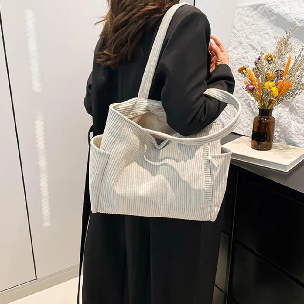 Women Corduroy All-Match Tote Bag Large Capacity Soft Underarm Bag Leisure Shoulder Bag Travel Shopping Work Handbag