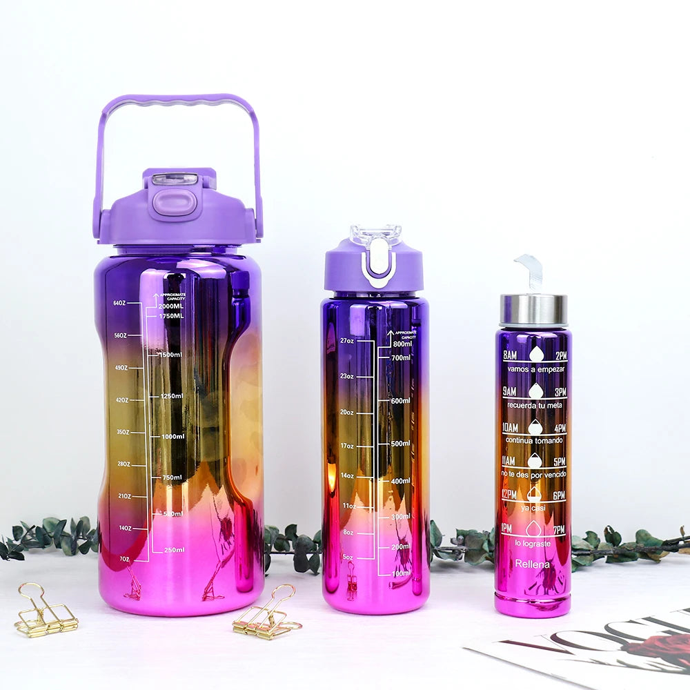 3 pcs of leak proof electroplated gradient sports water bottles with straws and time markers - Perfect for offices, schools,