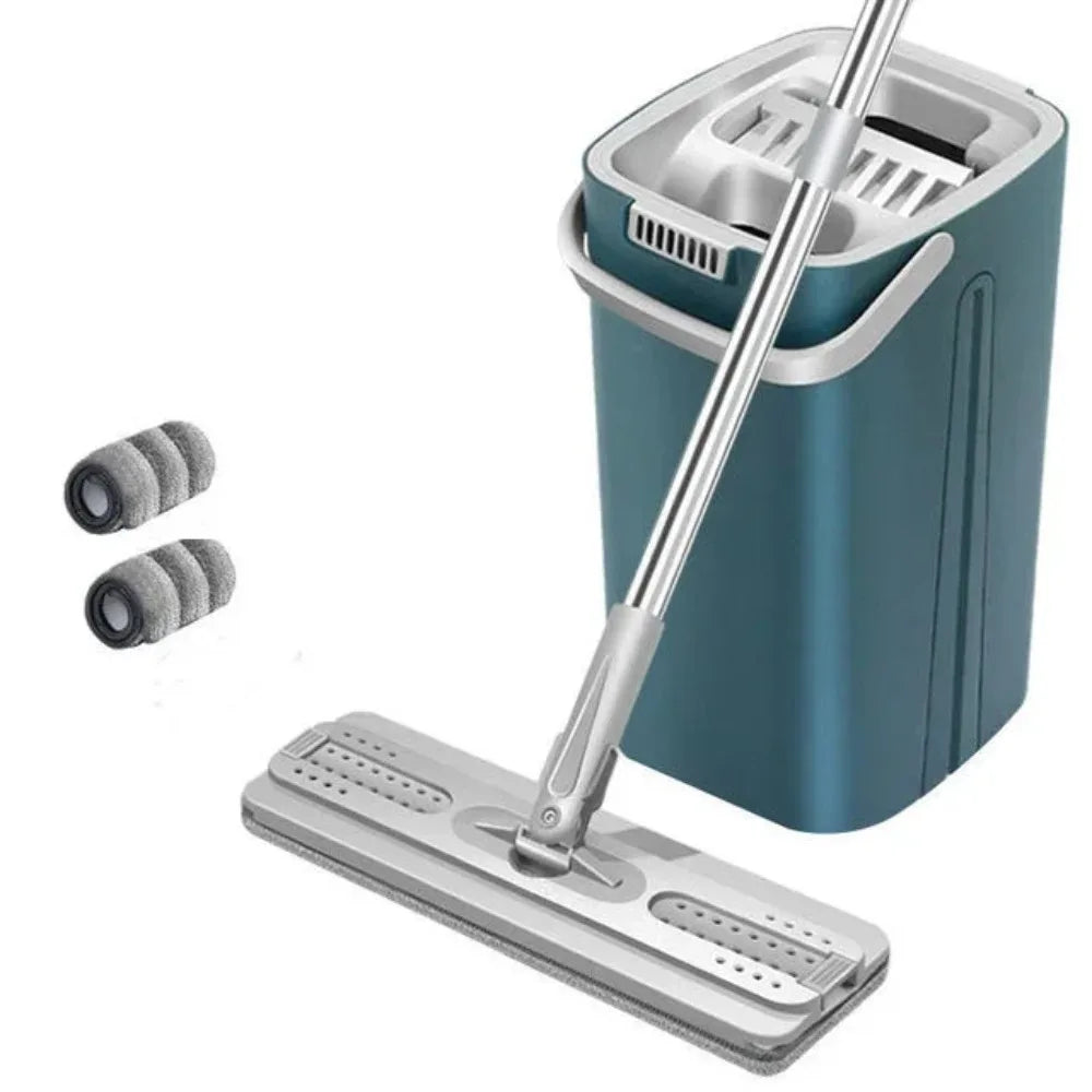 Hand Free Flat Floor Mop and Bucket Set Indoor Kitchen Cleaning Tool Microfiber Scraper Universal Adjustable Wet Dry Application