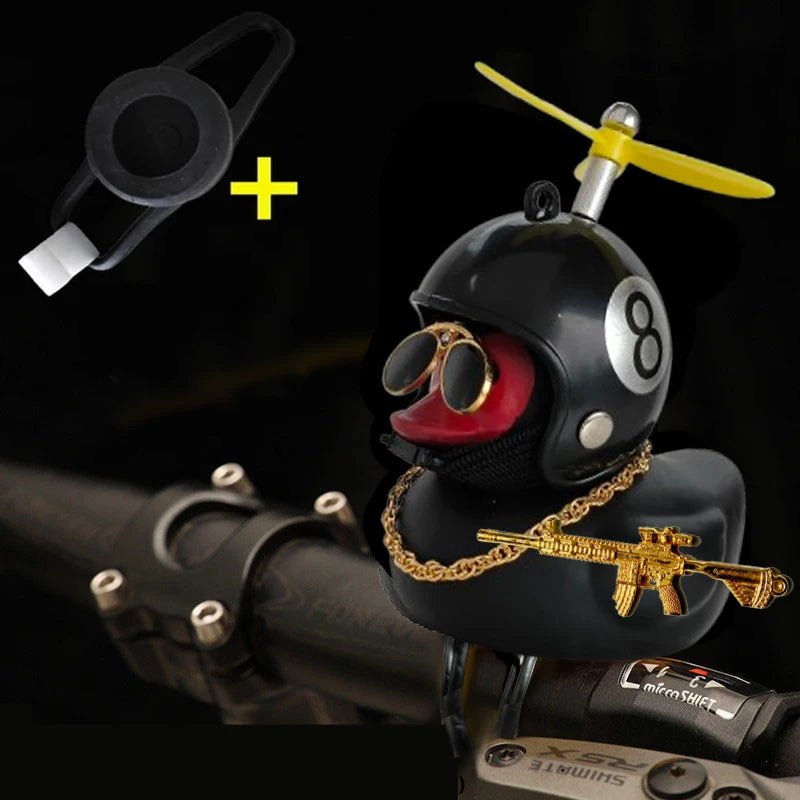 Rubber Duck Toy Car Ornaments Yellow Duck Car Dashboard Decorations Squeeze Duck Bicycle Horns With Gold Gun Propeller Helmet