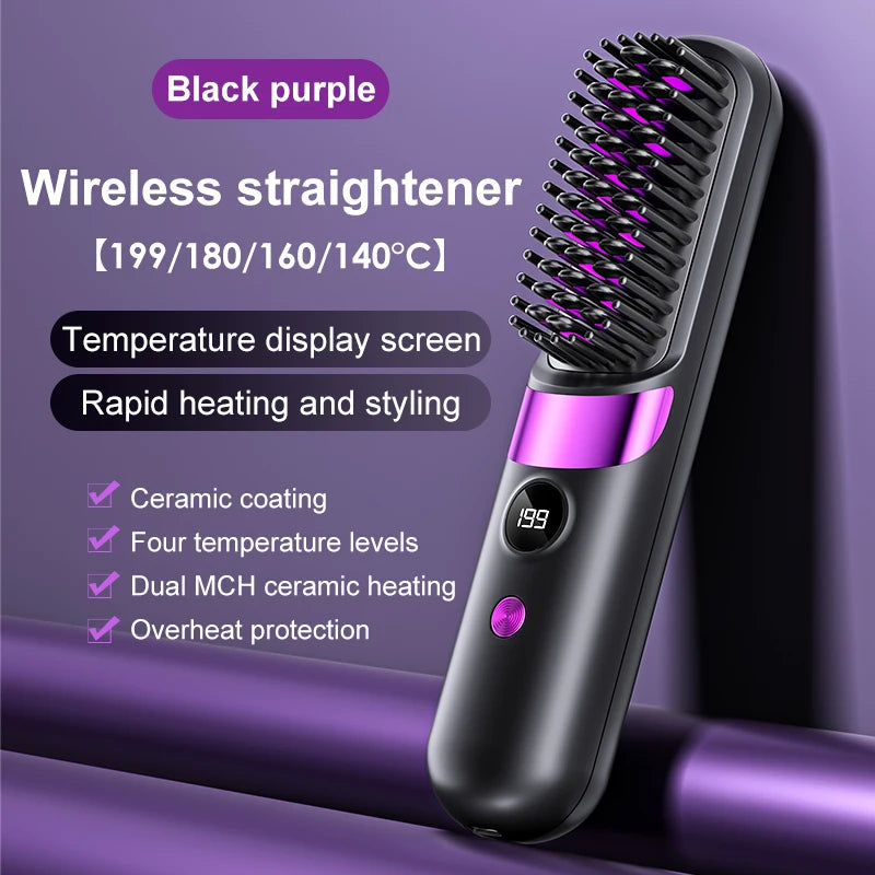 USB Charging Portable Hair Straightener Brush, Cordless Straightening Comb with LED Display & Ceramic Coating, Ionic Technology