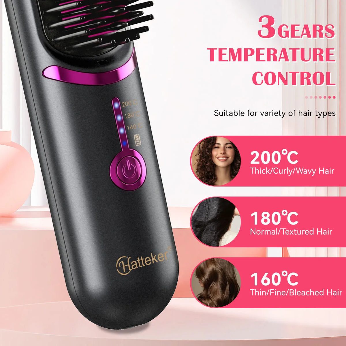 Rechargeable Wireless Hair Straightener Brush, 3 Temperature Settings Portable Hot Comb for Smooth Straight Hair