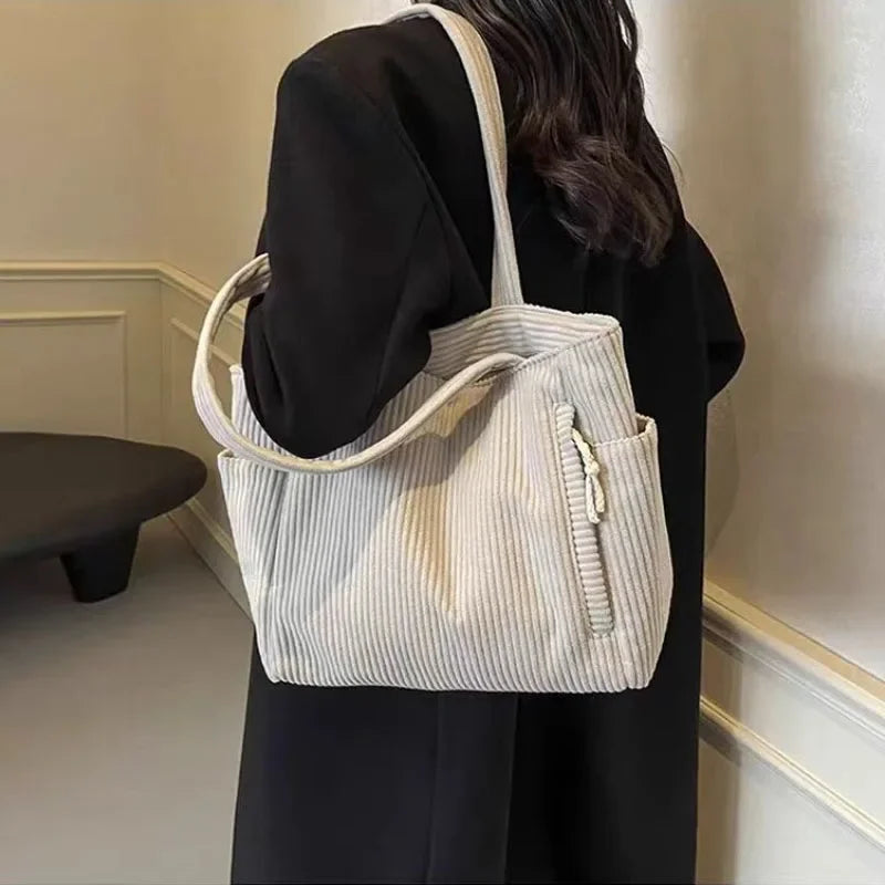 Corduroy Daily Handbag Fashionable Versatile Shoulder Bag for Women Multi-Compartment Zipper Closure Commute Women's Tote Bag