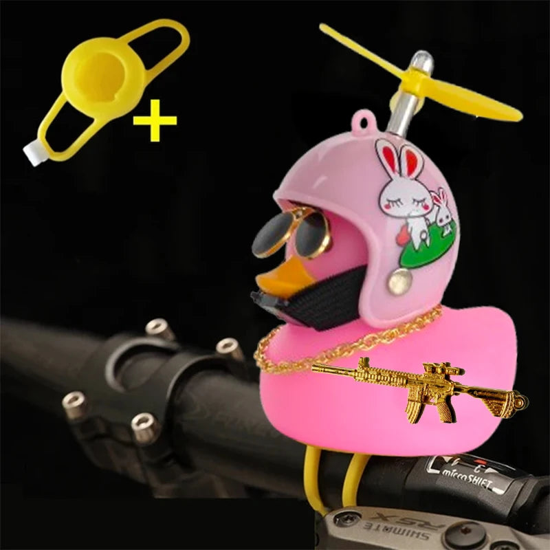 Rubber Duck Toy Car Ornaments Yellow Duck Car Dashboard Decorations Squeeze Duck Bicycle Horns With Gold Gun Propeller Helmet