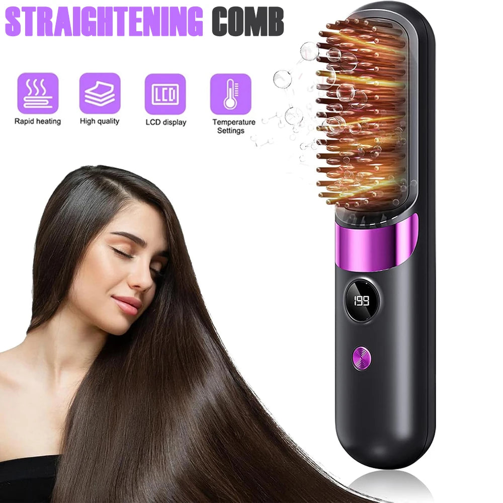 USB Charging Portable Hair Straightener Brush, Cordless Straightening Comb with LED Display & Ceramic Coating, Ionic Technology