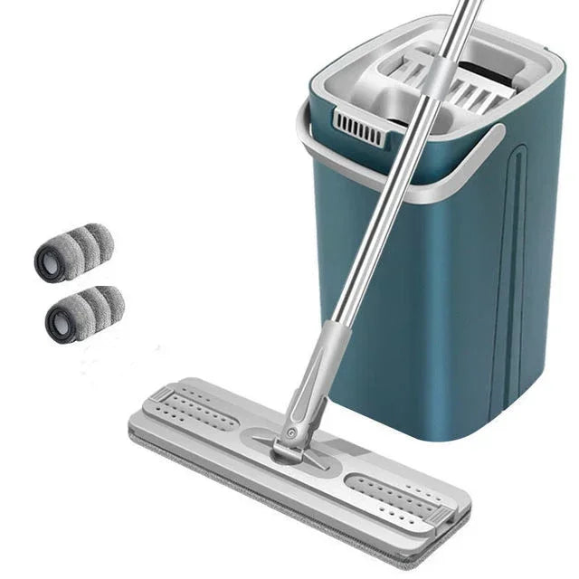 Hand Free Flat Floor Mop and Bucket Set Indoor Kitchen Cleaning Tool Microfiber Scraper Universal Adjustable Wet Dry Application