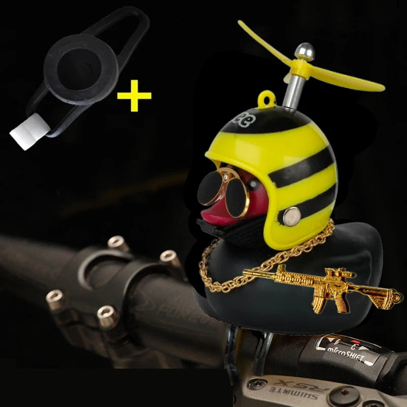 Rubber Duck Toy Car Ornaments Yellow Duck Car Dashboard Decorations Squeeze Duck Bicycle Horns With Gold Gun Propeller Helmet
