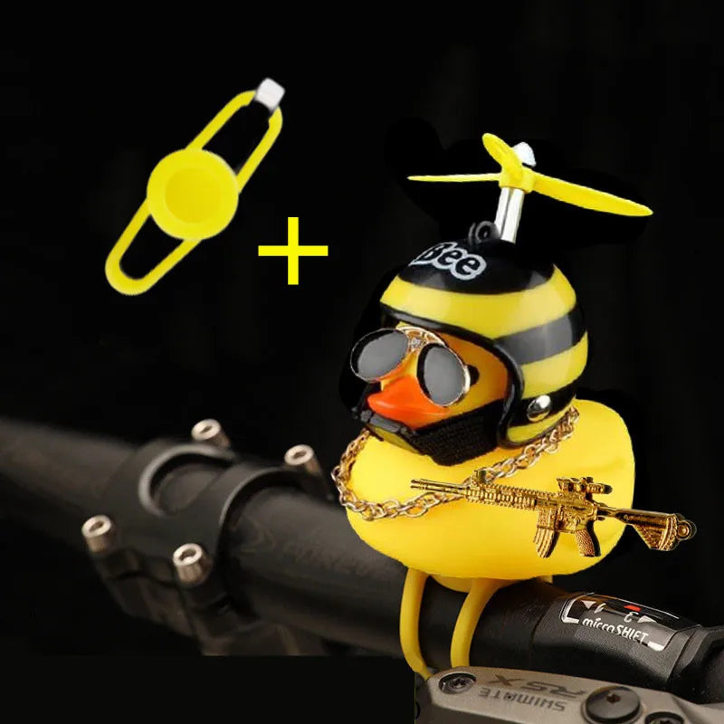 Rubber Duck Toy Car Ornaments Yellow Duck Car Dashboard Decorations Squeeze Duck Bicycle Horns With Gold Gun Propeller Helmet