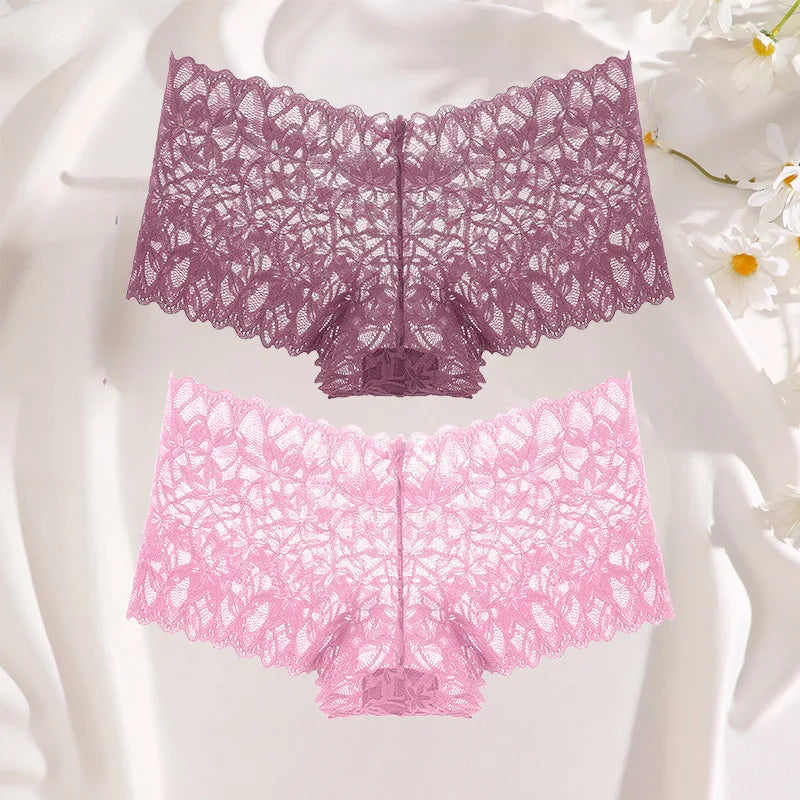 FINETOO 2Pcs Lace Four Shorts Women Low-Rise Panties Floral Underwear S-XL Girls Sexy Panties Ladies Lace Underpants Lingerie
