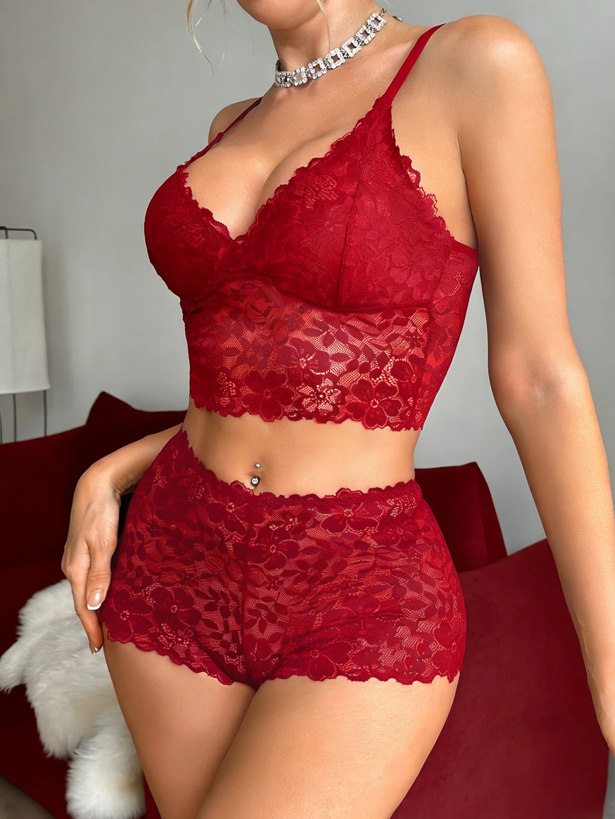Winter Women Sexy Lace Lingerie Set Solid Wireless Unlined Camisole Bra Sheer Breathable Panties