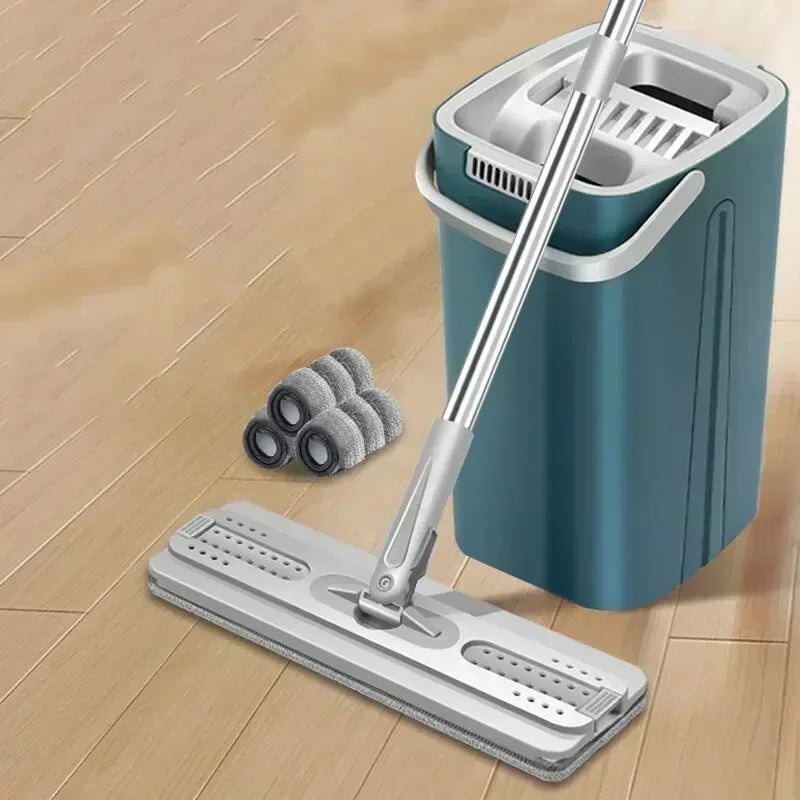 Hand Free Flat Floor Mop and Bucket Set Indoor Kitchen Cleaning Tool Microfiber Scraper Universal Adjustable Wet Dry Application